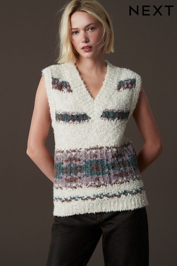 White Ecru Boucle V-Neck Knitted Tank Vest (B42203) | £36