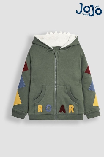 JoJo Maman Bébé Khaki Green DInosaur Appliqué Novelty Cosy Hoodie (B42280) | £29