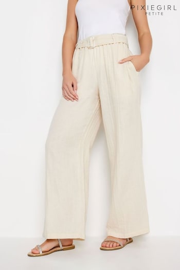 PixieGirl Petite Natural Cream Cheesecloth Belted Wide Leg Trousers (B42340) | £34