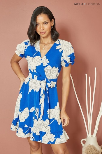 Mela Blue Blossom Print Wrap Dress With Puff Sleeves (B42440) | £35