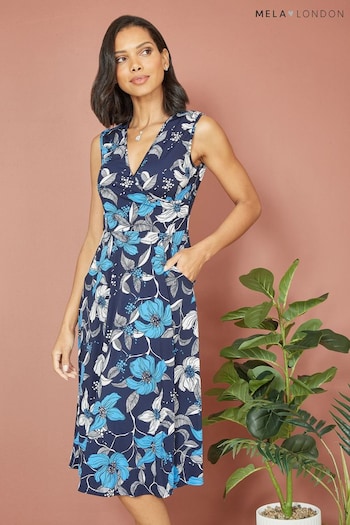 Mela Blue Floral Print Stretch Wrap Over Midi Dress With Pockets (B42477) | £40