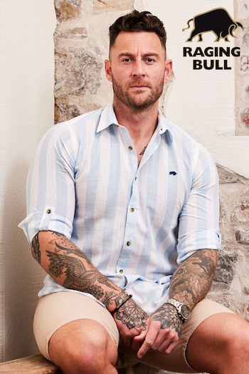 Raging Bull Blue Long Sleeve Wide Stripe Linen Look Shirt (B42660) | £69 - £79
