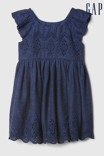 Gap Navy/Blue Cotton Eyelet Flutter Sleeve Baby Dress (Newborn-5yrs) (B42824) | £30