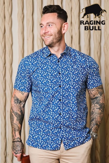 Raging Bull Blue Short Sleeve Flower Bud Poplin Shirt (B43116) | £64 - £74
