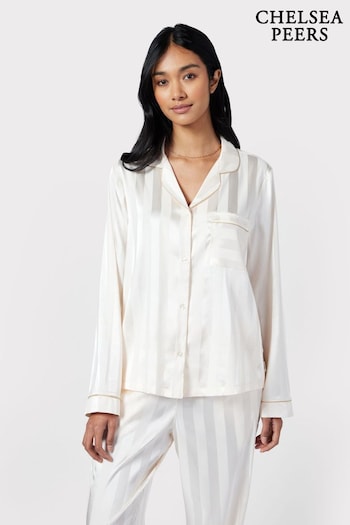 Chelsea Peers White Satin Jacquard Stripe Long Pyjama Set (B43121) | £55