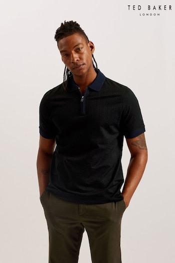 Ted Baker Black Arnival Short Sleeve Regular Textured Zip unisex Polo Shirt (B43168) | £75