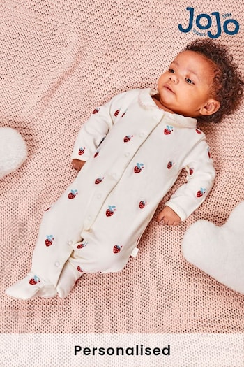 JoJo Maman Bébé Strawberry Baby Personalised Embroidered Cotton Sleepsuit (B43241) | £27