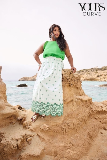 Yours Curve Green Broderie Shirred Waist Skirt (B43308) | £34