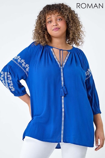 Roman Blue Tie Neck Embroidered Smock Top (B43498) | £35