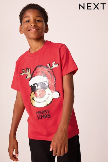 Red Rudolph Sequin Short Sleeve Christmas 100% Cmp T-Shirt (3-16yrs) (B43516) | £10 - £13