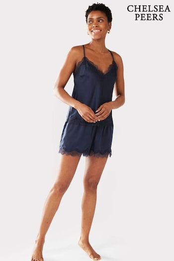Chelsea Peers Blue Satin Lace Trim Cami Short Pyjama Set (B43614) | £35