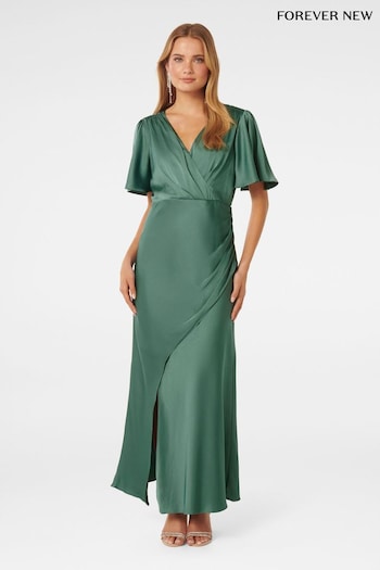 Forever New Green Chelsea Flutter Sleeve Satin Maxi Dress (B43669) | £110