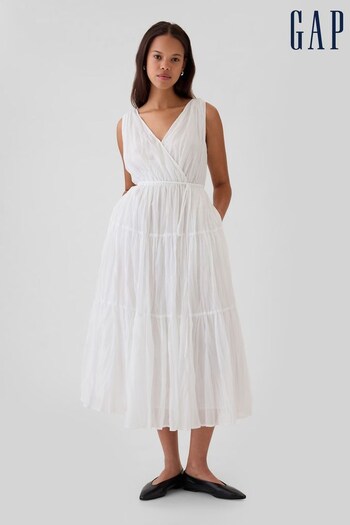 Gap White Pleated Tiered V Neck Midi Dress (B43708) | £75