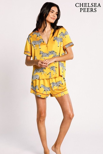 Chelsea Peers Yellow Satin Mustard Zebra Print Short Pyjama Set (B43852) | £45