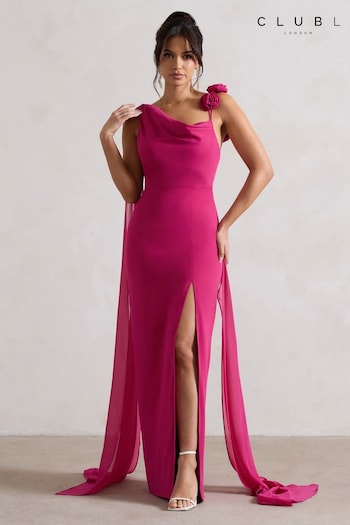 Club L London Pink Angeline Chiffon Draped Split Maxi Dress With Corsages (B43876) | £120