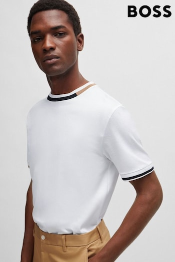 BOSS White Mercerised-Cotton T-Shirt With Signature-Stripe Details (B44059) | £99