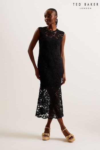 Ted Baker Corha Crochet Sleeveless Black Midi Dress (B44091) | £225