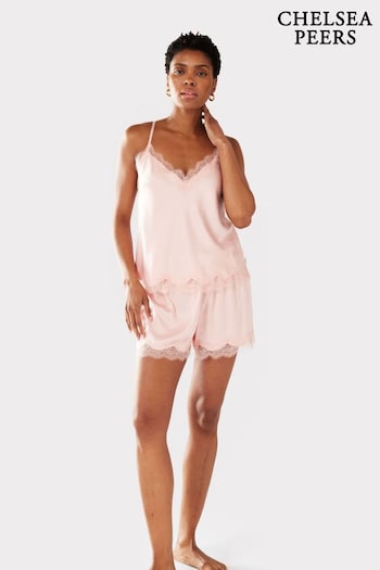 Chelsea Peers Pink Satin Lace Trim Cami Short Pyjama Set (B44282) | £35