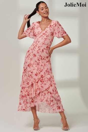 Jolie Moi Pink Daleysa Frill Hem Mesh Maxi Dress (B44337) | £89