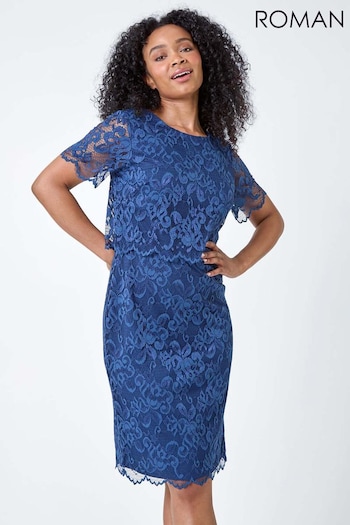 Roman Blue Lace Overlay Stretch Dress (B44386) | £55