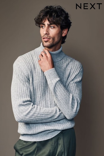 Light Grey Roll Neck Regular Fit Premium Lambswool Blend Rib Texture Jumper (B44543) | £40