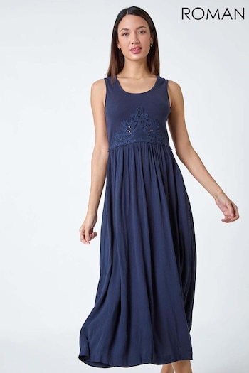 Roman Blue Cotton Blend Lace Detail Midi Dress (B44545) | £40