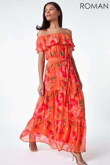 Roman Orange Floral Tiered Bardot Belted jean Dress (B44635) | £65