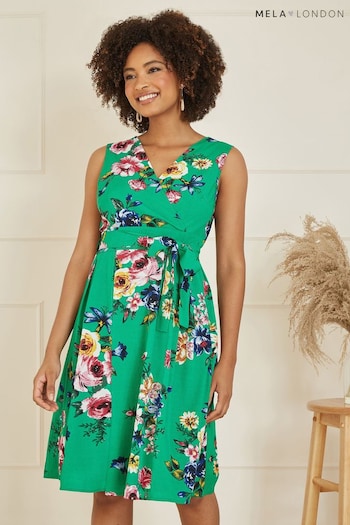 Mela Green Floral Wrap Over Midi Skater Dress (B44665) | £40