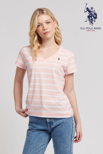 U.S. cotton Polo Assn. Regular Fit Womens Blue Slub Stripe V-Neck T-Shirt (B44751) | £30
