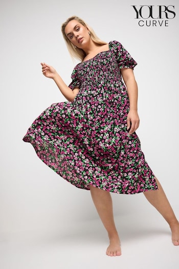 Yours Curve Black & Pink Ditsy Floral Print Shirred Midaxi filippi Dress (B44833) | £34