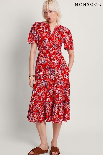 Monsoon Red Micola Print Tiered Dress Pleated (B44862) | £75