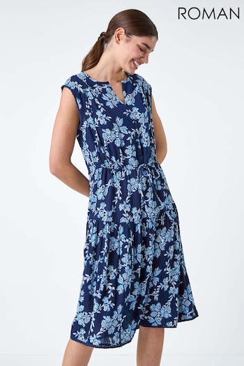 Roman Blue Floral Print Tiered Woven Dress (B45346) | £40