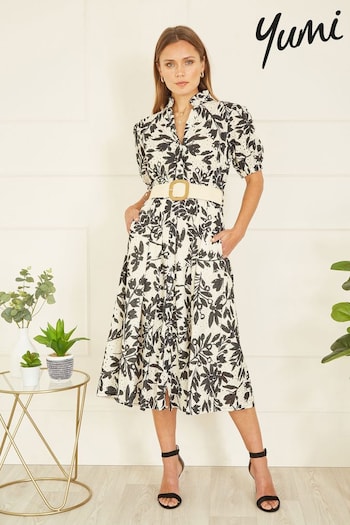 Yumi Black Leaf Print Broderie Anglaise Cotton Midi Shirt wexford Dress With Matching Belt (B45584) | £75
