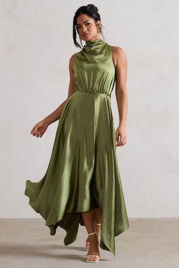 Club L Green Kerri Satin Cowl-Neck Maxi Waisted Dress (B45590) | £85
