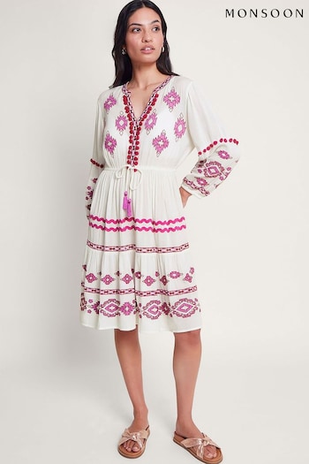 Monsoon White Embroidered Catia Striped Dresses (B45605) | £85