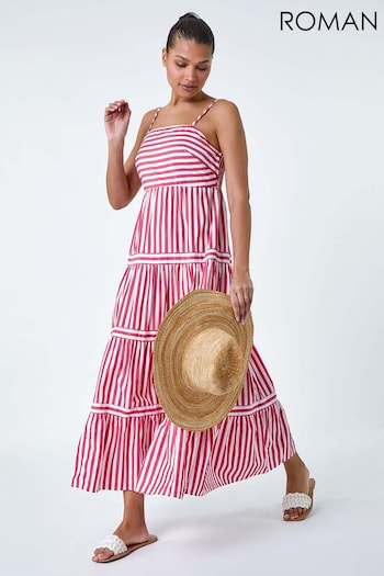 Roman Red Sleeveless Stripe Tiered Cotton Maxi Dress (B45643) | £48