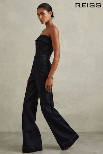 Reiss Indigo Tiggie Denim Strapless Wide Leg Jumpsuit (B45661) | £228