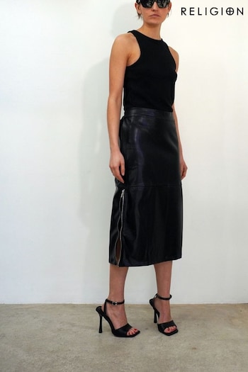 Religion Black Faux Fur Leather Pencil Skirt With Side Zip Detail (B45680) | £50
