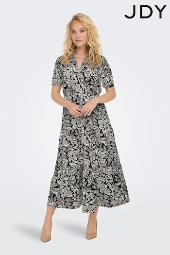 JDY Black Printed V-Neck Short Sleeve Tiered Maxi Dress (B45718) | £35