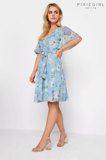 PixieGirl Petite Blue Floral Print Mesh Wrap Dress (B46185) | £39