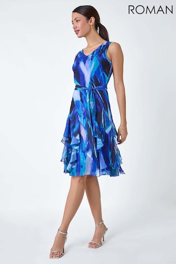 Roman Blue Abstract Print Frill Detail Dress (B46328) | £55