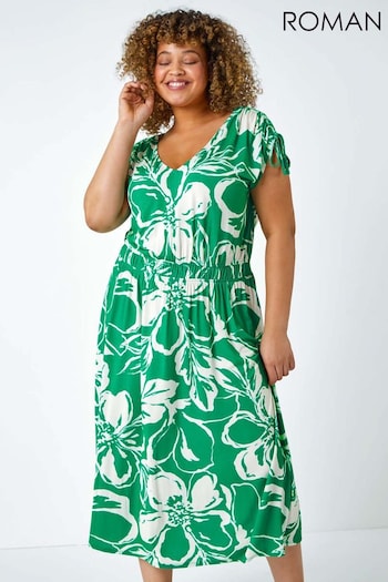 Roman Green Floral Print Ruched Stretch Midi Dress (B46467) | £42