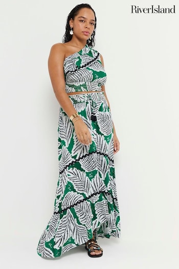 River Island Green Leaf Print Hi Lo Maxi Skirt (B46601) | £35