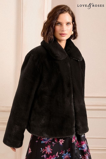 Love & Roses Black Faux Fur Collared Coat (B46717) | £85