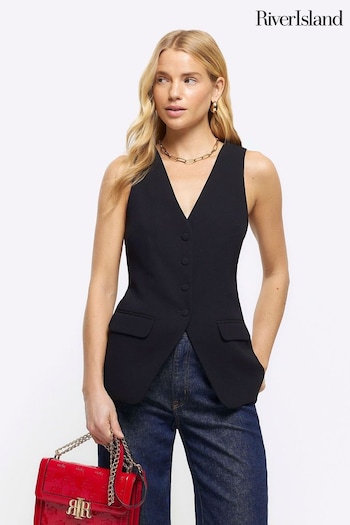 River Island Black Button Front Longline Fitted Waistcoat (B46735) | £45