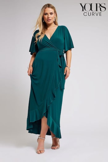 Yours Curve Green Ruffle Hem Wrap Dress distressed (B46834) | £50