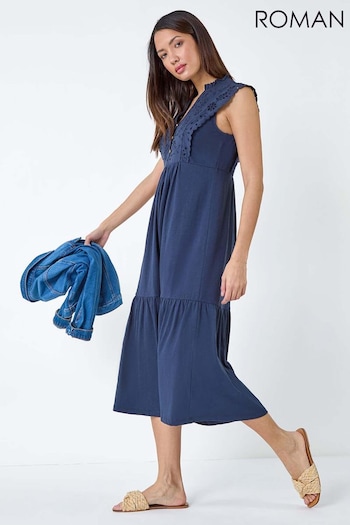Roman Blue Broderie Frilled Cotton Midi Dress (B47038) | £42