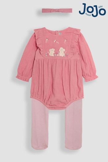 JoJo Maman Bébé Pink Body 3 Piece Embroidered Muslin And Tights Set (B47039) | £26