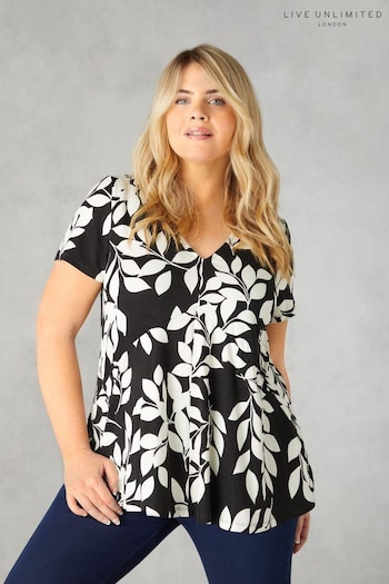 Live Unlimited Curve Mono Leaf Print Jersey Relaxed Black Top (B47094) | £45