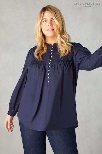 Live Unlimited Curve Blue Cotton Button Front Relaxed Blouse (B47438) | £65